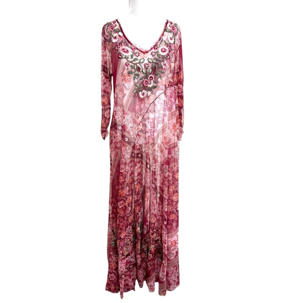 Johnny Was Biya Mesh Maxi Dress L Red Floral Rose Embroidered Cottage Boho Fairy